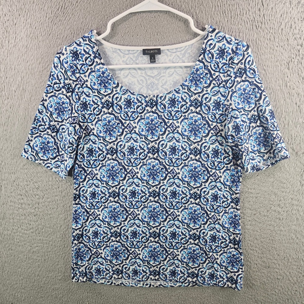 Talbots Womens Blue White Medallion Tile Print Scoop Neck Top S